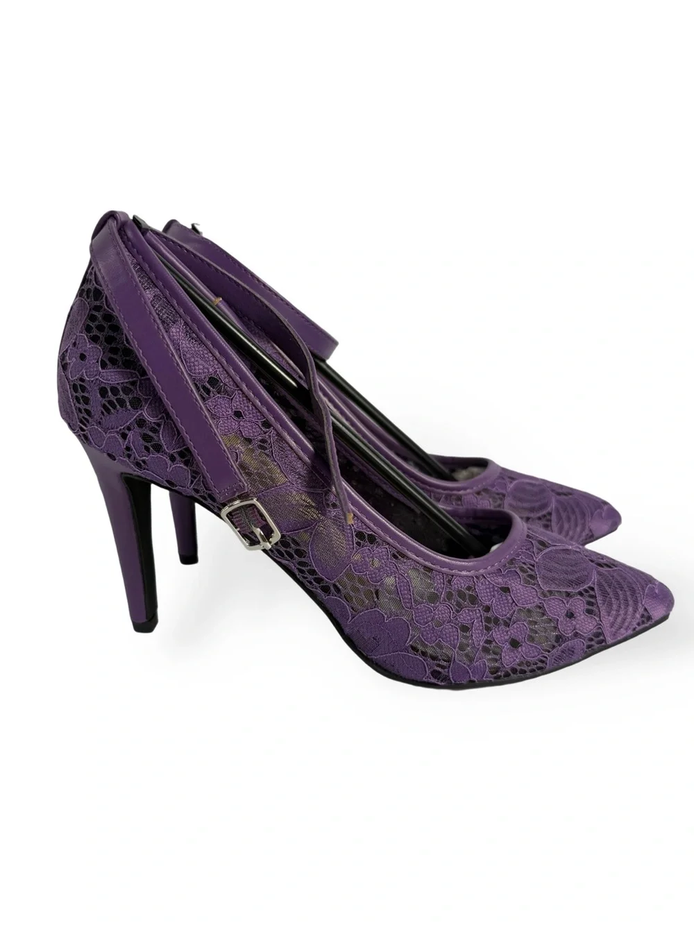 Purple Lace Pointed-Toe Ankle-Strap Heels